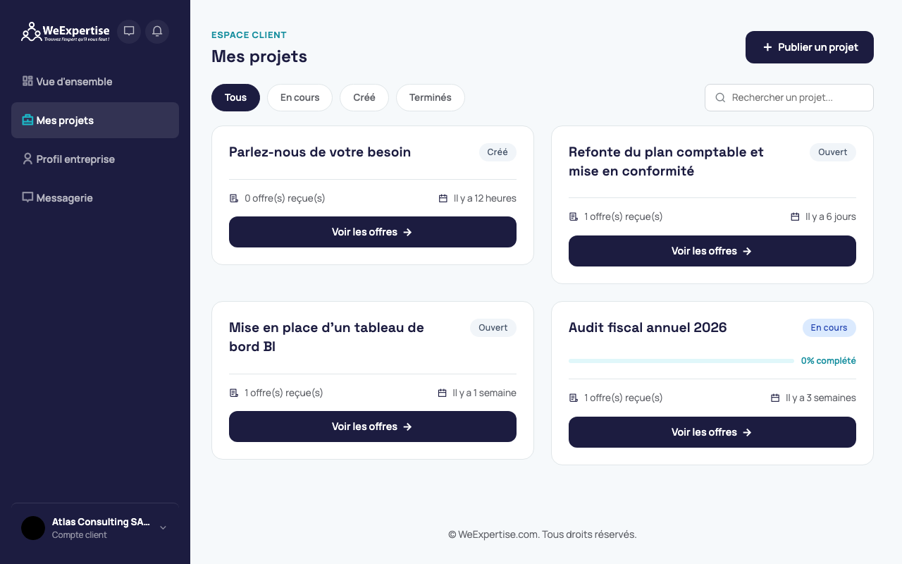 Liste des projets avec le nombre d'offres reçues