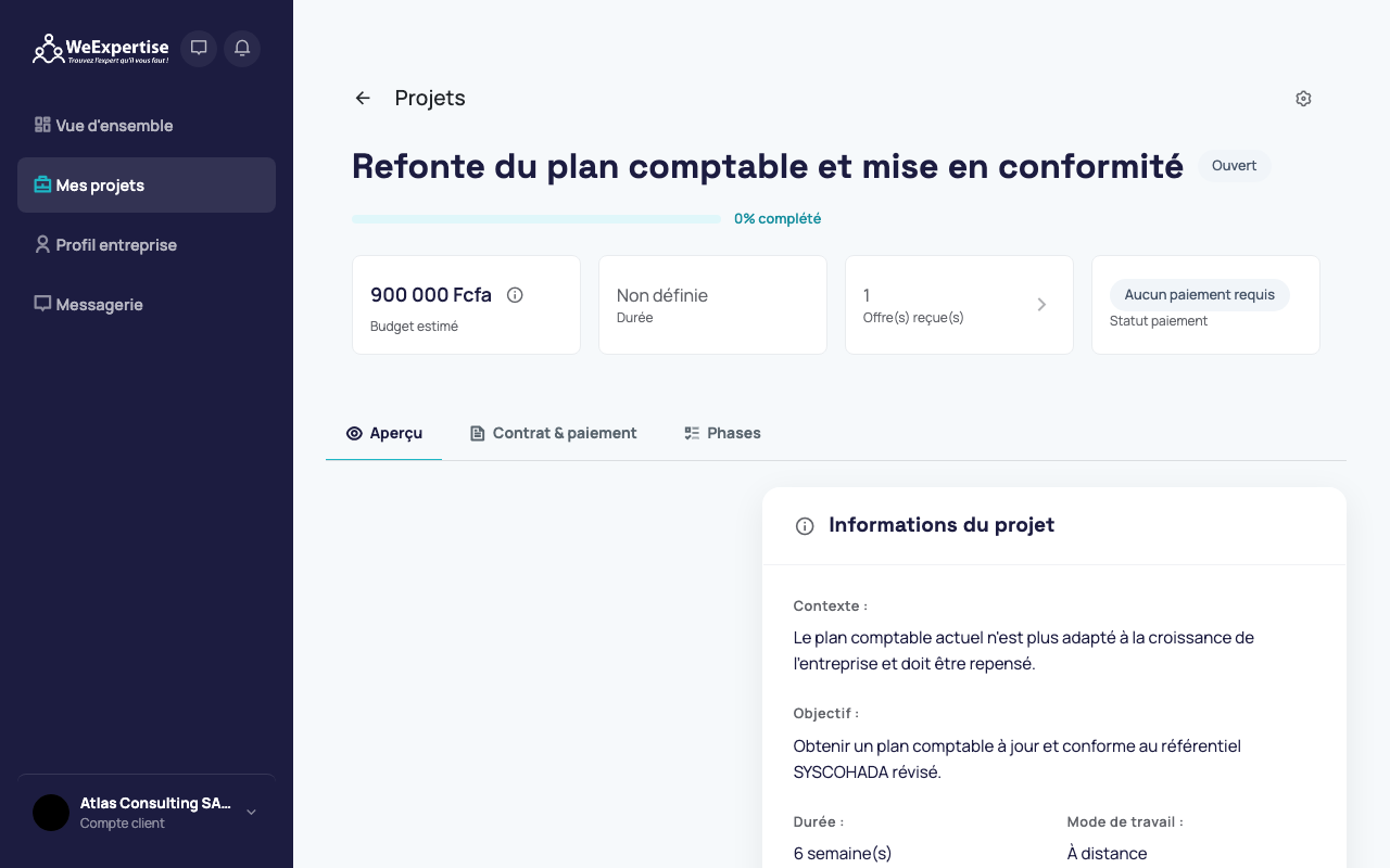 Détail d'un projet avec une offre reçue