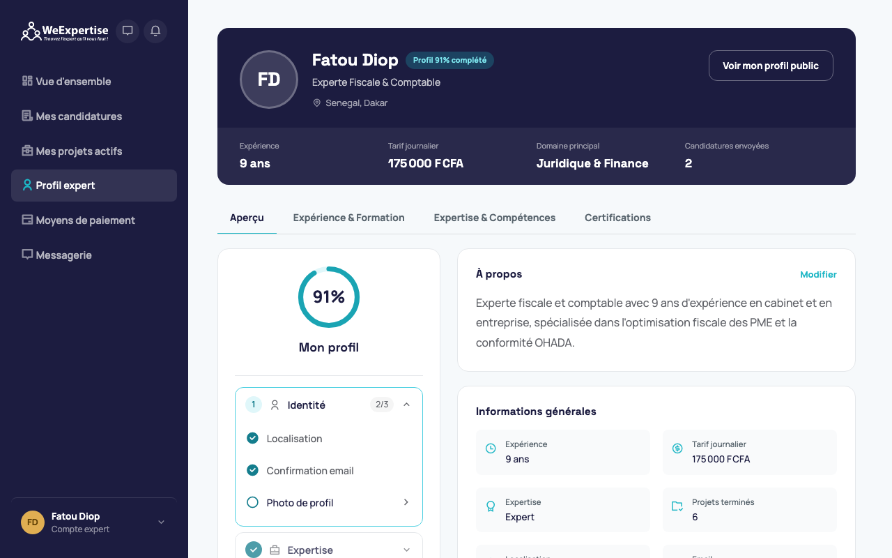 Page profil expert avec le taux de complétion