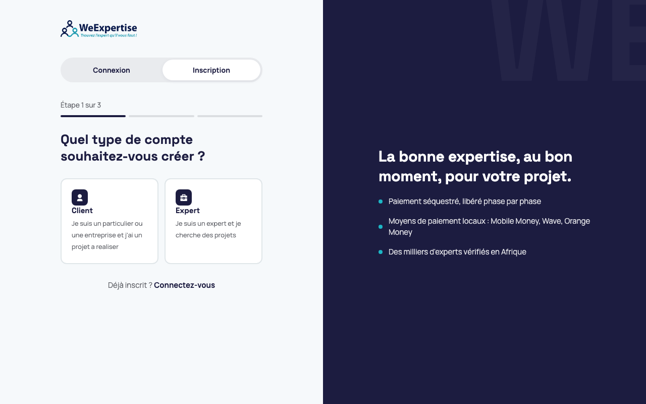 Choix du type de compte à l'inscription