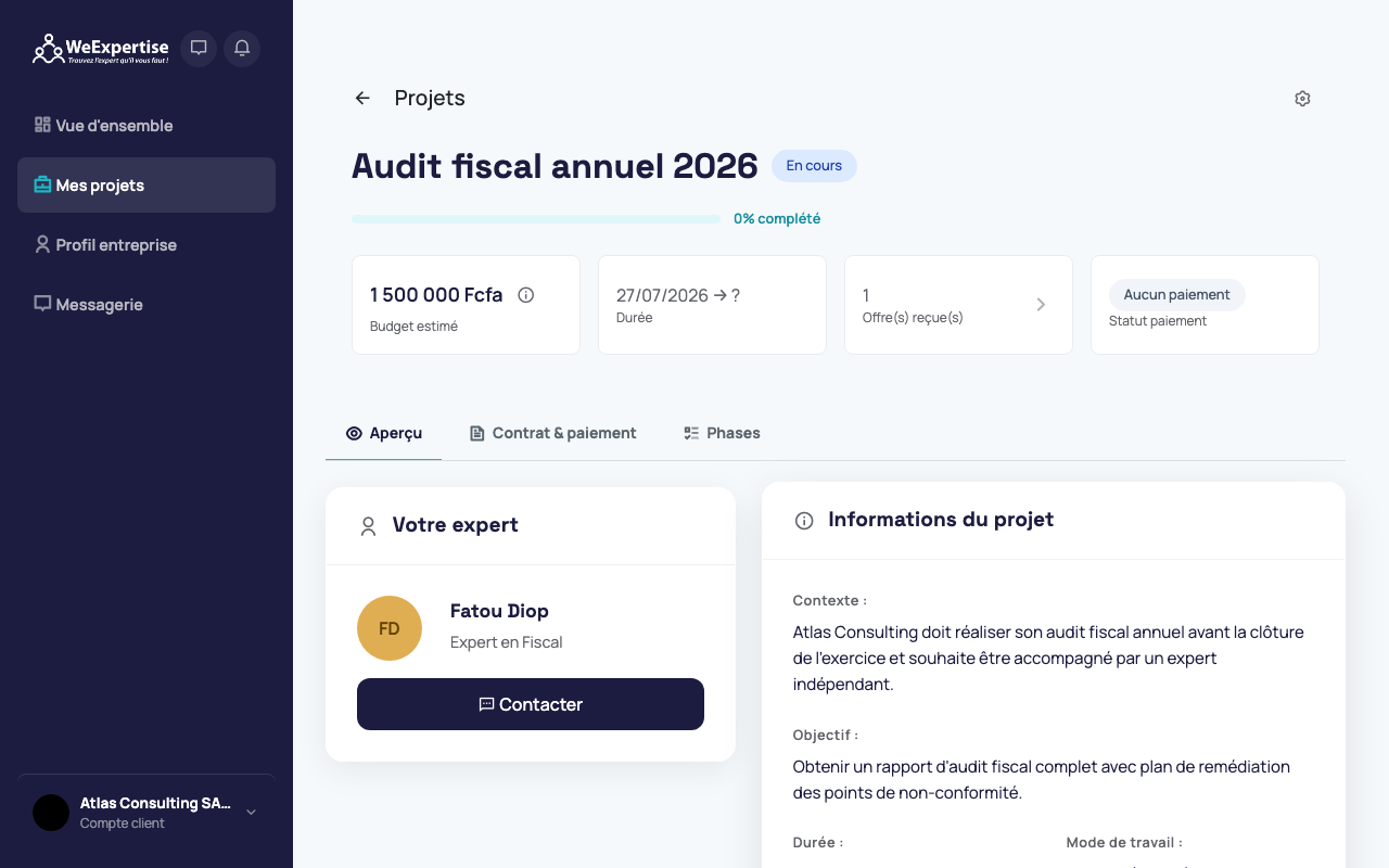 Aperçu d'un projet avec son statut de paiement