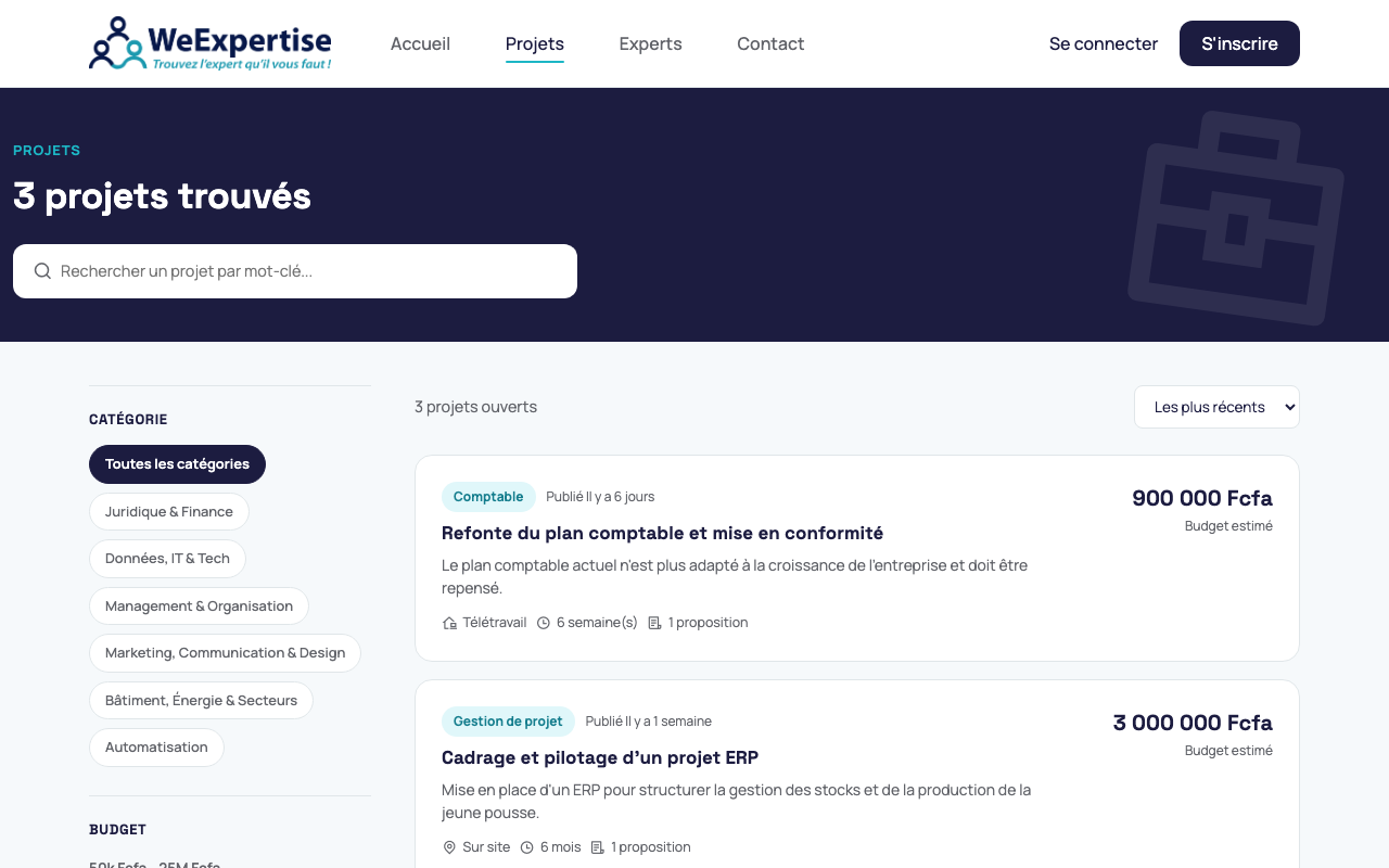 Liste des projets ouverts avec filtres