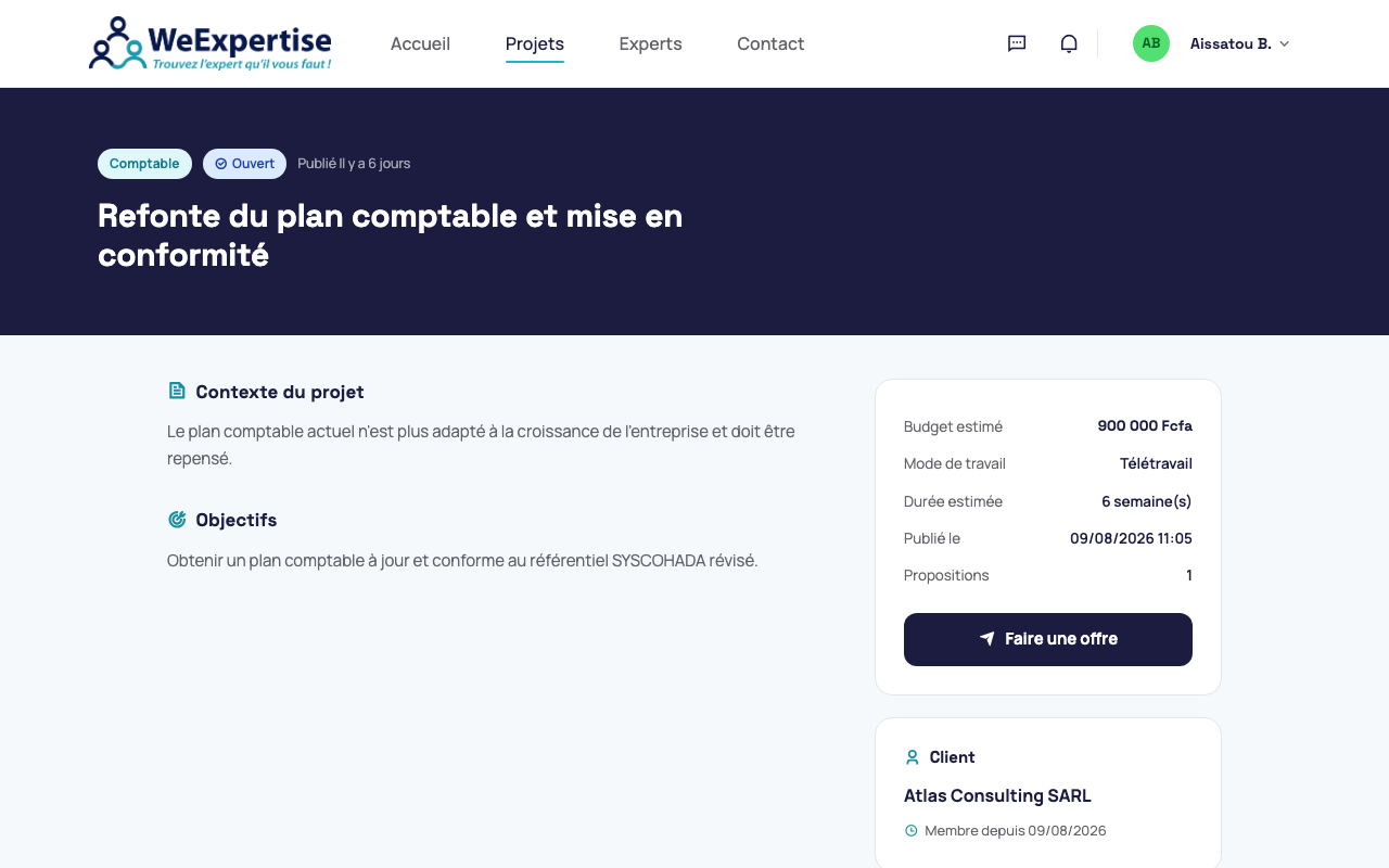 Détail d'un projet, avec le bouton Faire une offre