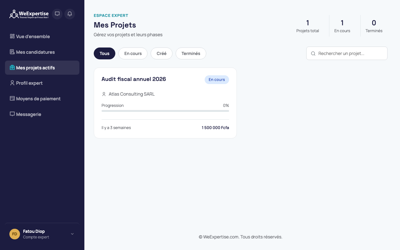 Liste des projets actifs de l'expert