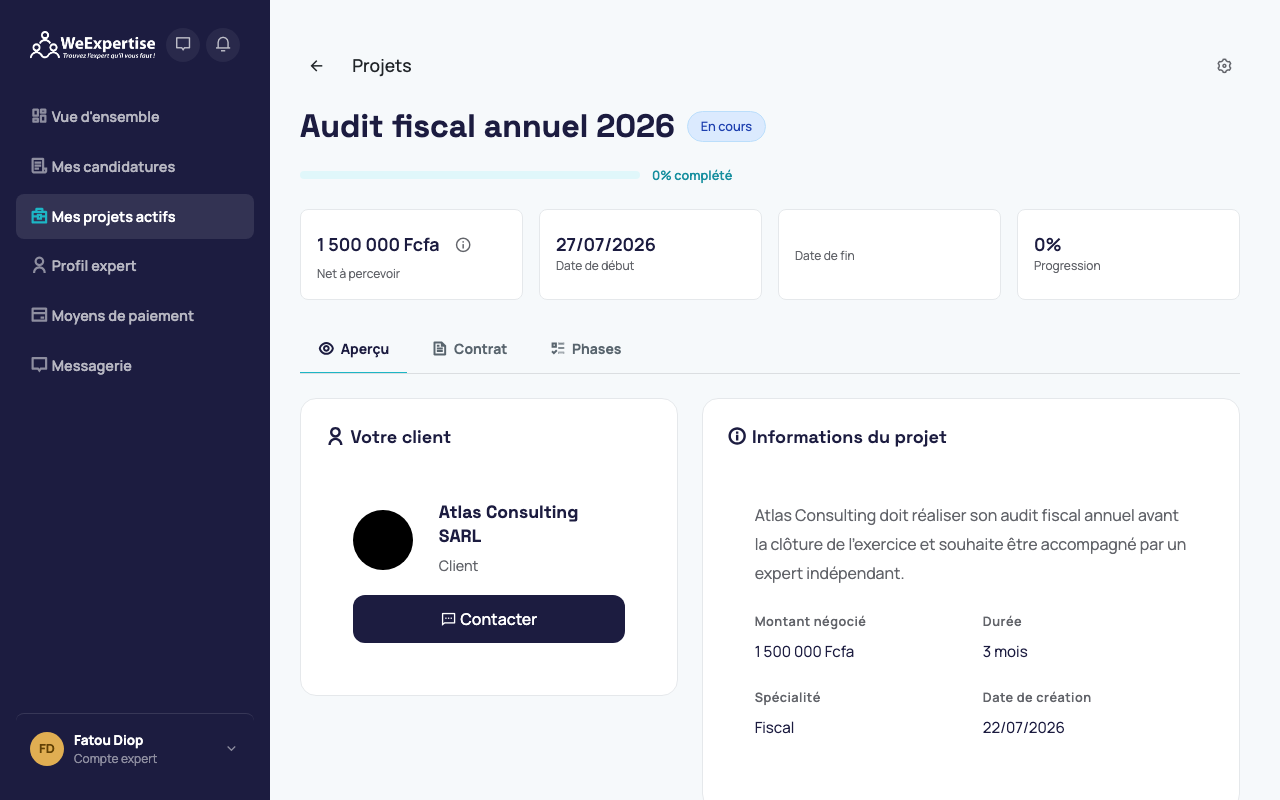 Vue d'ensemble d'un projet côté expert avec le montant net à percevoir